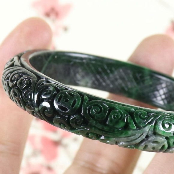 57mm Certified Green Natural A jade Jadeite Moire Bangle Bracelet - Picture 4 of 8